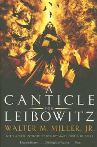 Cover of the book A Canticle for Leibowitz, showing a monk outlined in light and holding a book.